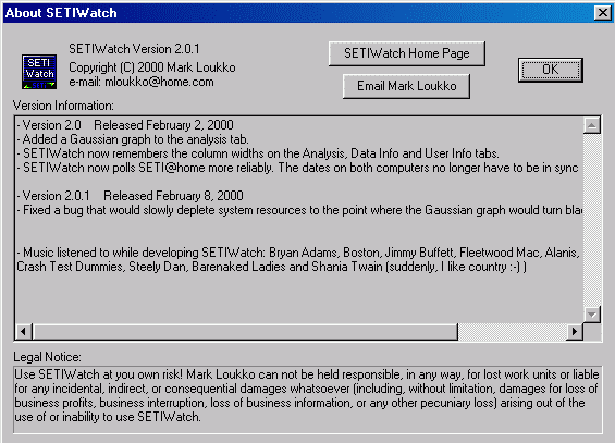 &uuml;ber SETI Watch, Programminformationen